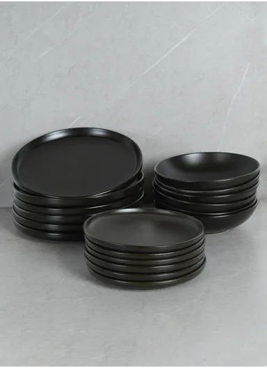 18 pieces Stoneware Dinnerware Set, Dishwasher &amp; Microwave Safe Durable Everyday Dining Set -Black