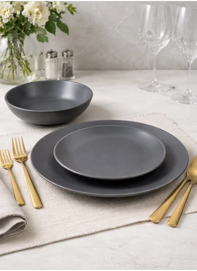 18-Pieces Modern Matte Dark Grey Round Stoneware Dinnerware Set 