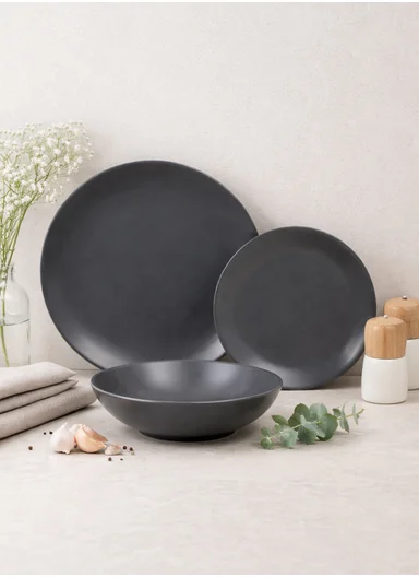 18-Pieces Modern Matte Dark Grey Round Stoneware Dinnerware Set 