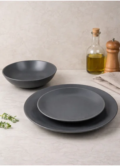 18-Pieces Modern Matte Dark Grey Round Stoneware Dinnerware Set 