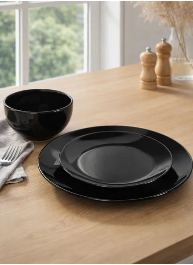 18 pieces Stoneware Dinnerware Set, Dishwasher &amp; Microwave Safe Durable Everyday Dining Set -Black Glossy