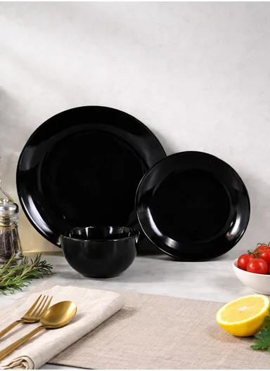 18 pieces Stoneware Dinnerware Set, Dishwasher &amp; Microwave Safe Durable Everyday Dining Set -Black Glossy