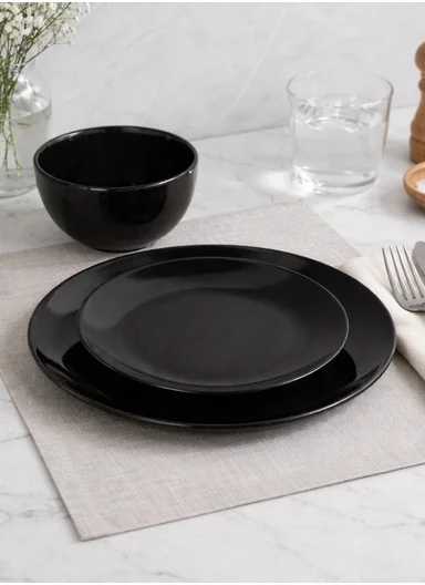 18 pieces Stoneware Dinnerware Set, Dishwasher &amp; Microwave Safe Durable Everyday Dining Set -Black Glossy