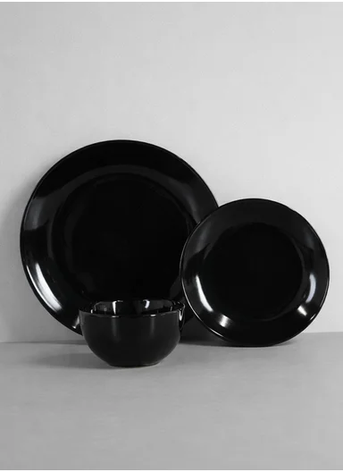 18 pieces Stoneware Dinnerware Set, Dishwasher &amp; Microwave Safe Durable Everyday Dining Set -Black Glossy