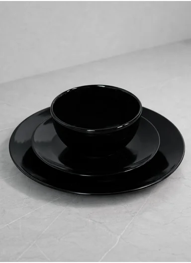 18 pieces Stoneware Dinnerware Set, Dishwasher &amp; Microwave Safe Durable Everyday Dining Set -Black Glossy