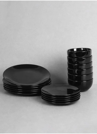 18 pieces Stoneware Dinnerware Set, Dishwasher &amp; Microwave Safe Durable Everyday Dining Set -Black Glossy