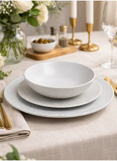 18-Pieces Classic Ribbed Texture Dinner Set - Off White