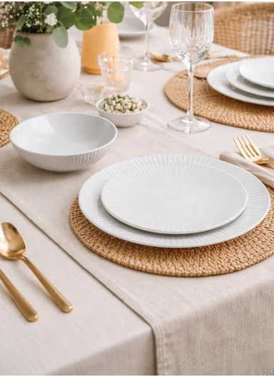 18-Pieces Classic Ribbed Texture Dinner Set - Off White