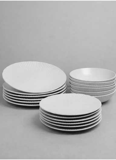 18-Pieces Classic Ribbed Texture Dinner Set - Off White