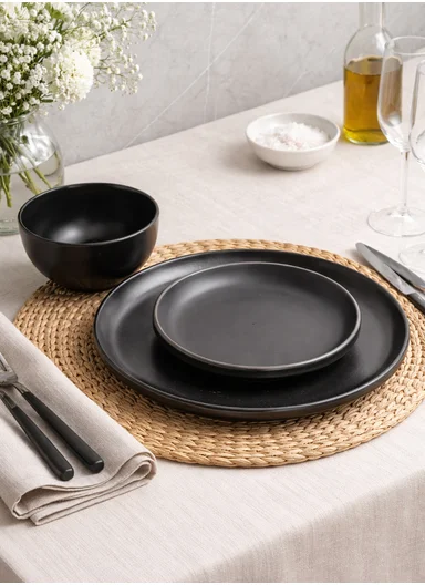 18-Pieces Modern Matte Black Round Stoneware Dinnerware Set