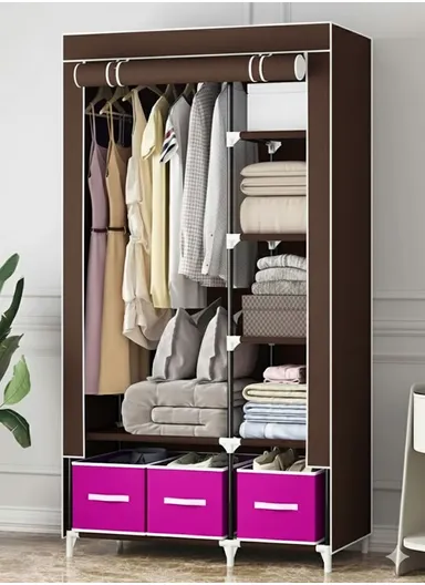 2-Section Non-Woven Fabric Cloth Boxes Cabinet with Hanging Rails &amp; 3 Fabric Drawers, Multi-Use Large Space Dustproof Cloth Boxes Cabinet YY8108 (W95 x D45 x H165)cm - Brown &amp; Fuchsia