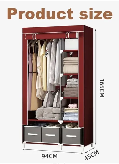 2-Section Non-Woven Fabric Cloth Boxes Cabinet with Hanging Rails &amp; 3 Fabric Drawers, Multi-Use Large Space Dustproof Cloth Boxes Cabinet YY8108 (W95 x D45 x H165)cm - Brown &amp; Fuchsia