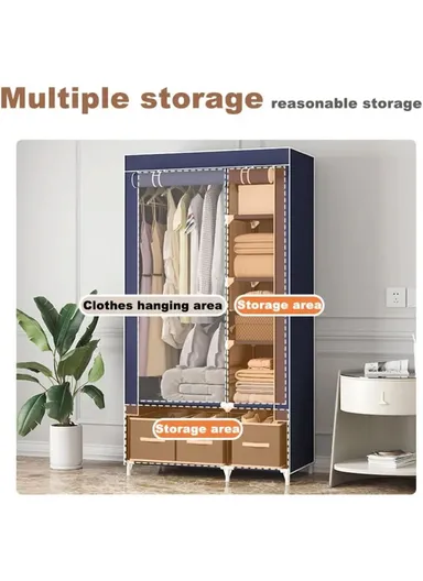 2-Section Non-Woven Fabric Cloth Boxes Cabinet with Hanging Rails &amp; 3 Fabric Drawers, Multi-Use Large Space Dustproof Cloth Boxes Cabinet YY8108 (W95 x D45 x H165)cm - Brown &amp; Fuchsia