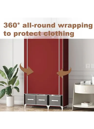 2-Section Non-Woven Fabric Cloth Boxes Cabinet with Hanging Rails &amp; 3 Fabric Drawers, Multi-Use Large Space Dustproof Cloth Boxes Cabinet YY8108 (W95 x D45 x H165)cm - Brown &amp; Fuchsia