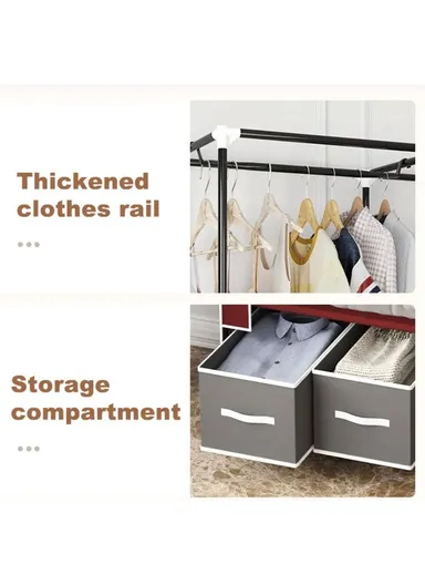 2-Section Non-Woven Fabric Cloth Boxes Cabinet with Hanging Rails &amp; 3 Fabric Drawers, Multi-Use Large Space Dustproof Cloth Boxes Cabinet YY8108 (W95 x D45 x H165)cm - Brown &amp; Fuchsia