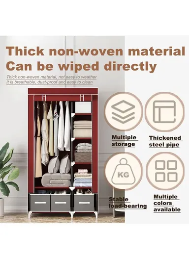 2-Section Non-Woven Fabric Cloth Boxes Cabinet with Hanging Rails &amp; 3 Fabric Drawers, Multi-Use Large Space Dustproof Cloth Boxes Cabinet YY8108 (W95 x D45 x H165)cm - Brown &amp; Fuchsia
