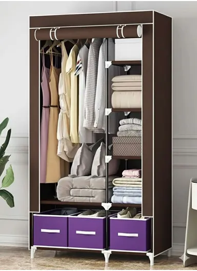 2-Section Non-Woven Fabric Cloth Boxes Cabinet with Hanging Rails &amp; 3 Fabric Drawers, Multi-Use Large Space Dustproof Cloth Boxes Cabinet YY8108 (W95 x D45 x H165)cm - Brown &amp; Move