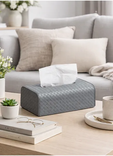 PU Leather Woven Tissue Box Cover with Top Opening  (L24.5 × W13.5 × H8.5)cm - Light Grey