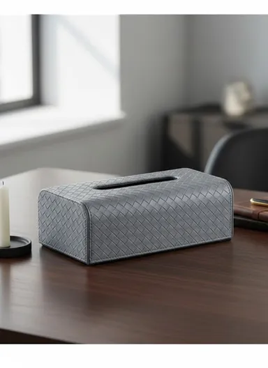 PU Leather Woven Tissue Box Cover with Top Opening  (L24.5 × W13.5 × H8.5)cm - Light Grey