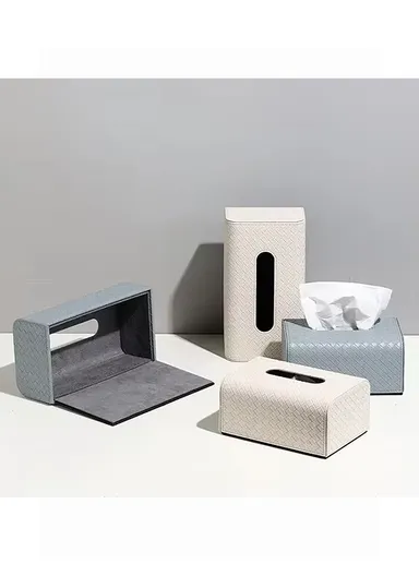 PU Leather Woven Tissue Box Cover with Top Opening  (L24.5 × W13.5 × H8.5)cm - Light Grey