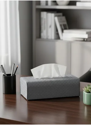 PU Leather Woven Tissue Box Cover with Top Opening  (L24.5 × W13.5 × H8.5)cm - Light Grey