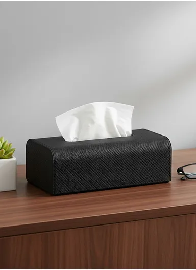 PU Leather Woven Tissue Box Cover with Top Opening  (L24.5 × W13.5 × H8.5)cm - Black 