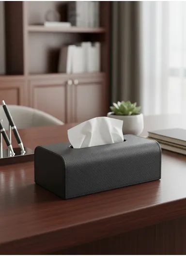 PU Leather Woven Tissue Box Cover with Top Opening  (L24.5 × W13.5 × H8.5)cm - Black 