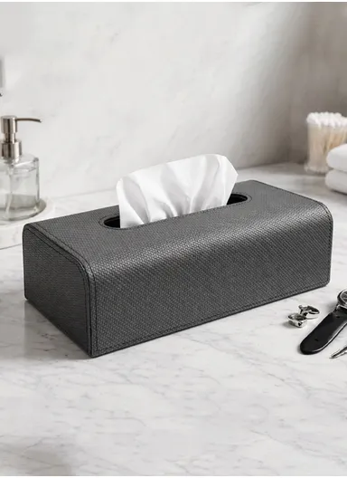 PU Leather Woven Tissue Box Cover with Top Opening  (L24.5 × W13.5 × H8.5)cm - Black 