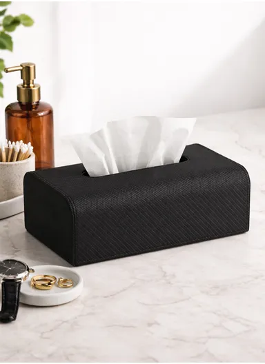 PU Leather Woven Tissue Box Cover with Top Opening  (L24.5 × W13.5 × H8.5)cm - Black 