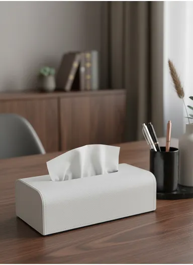 PU Leather Woven Tissue Box Cover with Top Opening  (L24.5 × W13.5 × H8.5)cm - White