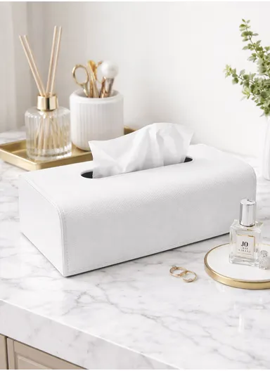 PU Leather Woven Tissue Box Cover with Top Opening  (L24.5 × W13.5 × H8.5)cm - White