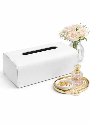 PU Leather Woven Tissue Box Cover with Top Opening  (L24.5 × W13.5 × H8.5)cm - White