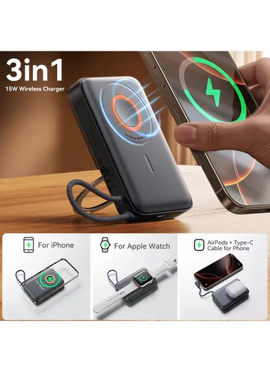 10000mAh 22.5W 3-in-1 Magnetic Wireless Power Bank JR-PBM02 - Black