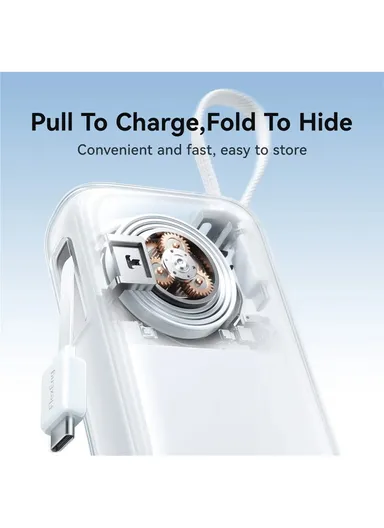 10000mAh 35W Mini Power Bank with Built-in Retractable Type-C Cable &amp; Carrying Type-C Cable JR-PR2 - White