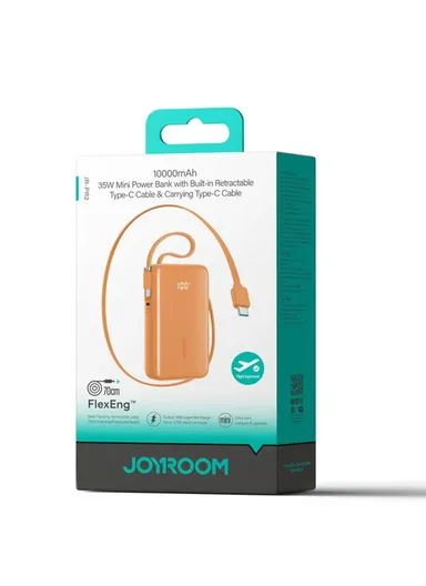 10000mAh 35W Mini Power Bank with Built-in Retractable Type-C Cable &amp; Carrying Type-C Cable JR-PR2 - White