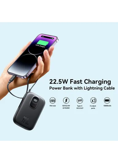 10000mAh 22.5W Digital Display Fast Charging Power Bank with Lightning Cable JR-PBF18 - Black