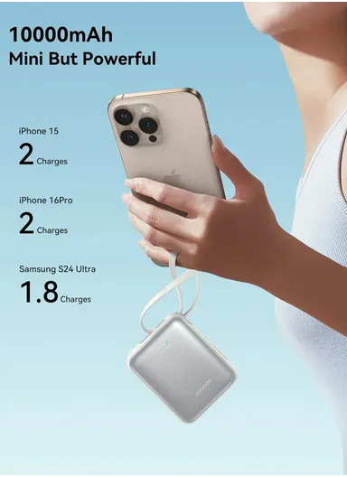 10000mAh 22.5W Digital Display Fast Charging Mini Power Bank with Dual Cables Type-C + Lightning iPhone JR-PBF27 - Blue