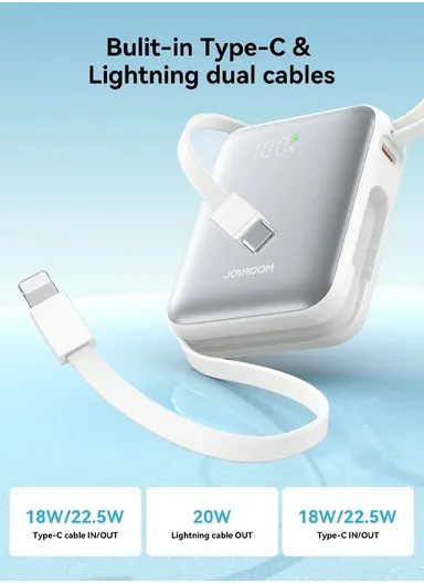 10000mAh 22.5W Digital Display Fast Charging Mini Power Bank with Dual Cables Type-C + Lightning iPhone JR-PBF27 - Blue