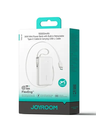 10000mAh 35W Mini Power Bank with Built-in Retractabl Type-C Cable &amp; Carrying USB-L Cable JR-PR2L - White