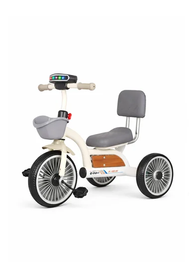 2–6 Years Iron Frame Kids Tricycle with Backrest Seat, Music &amp; Light, Front Storage Basket &amp; Handles Y-TS2752 – White