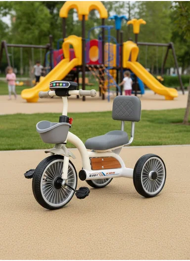 2–6 Years Iron Frame Kids Tricycle with Backrest Seat, Music &amp; Light, Front Storage Basket &amp; Handles Y-TS2752 – White