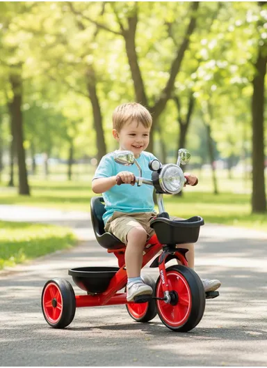 Children’s Ride-On Tricycle with Front Storage Basket, Music &amp; Light Y-TS800 - Red