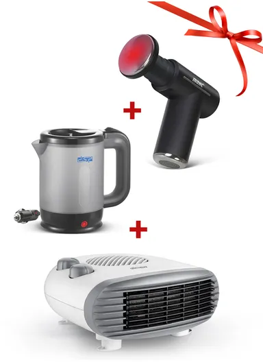 3-in-1 Must-Have Comfort &amp; Relief Kit, Portable Fan Heater, Hot/Cold Massage Gun &amp; 24V Car Electric Kettle
