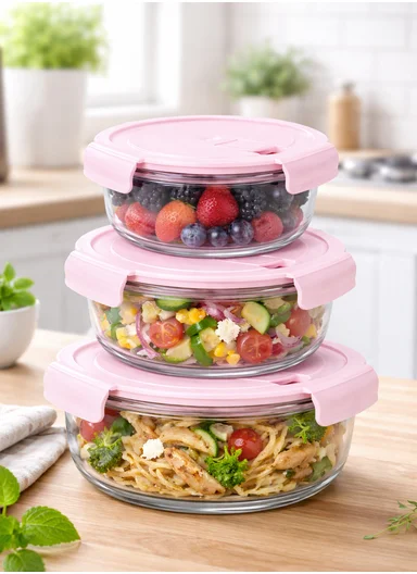 3-Pieces Heat-Resistant Round Borosilicate Glass Food Storage Containers Set - Pink