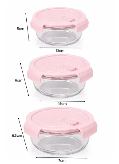 3-Pieces Heat-Resistant Round Borosilicate Glass Food Storage Containers Set - Pink
