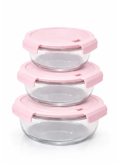 3-Pieces Heat-Resistant Round Borosilicate Glass Food Storage Containers Set - Pink