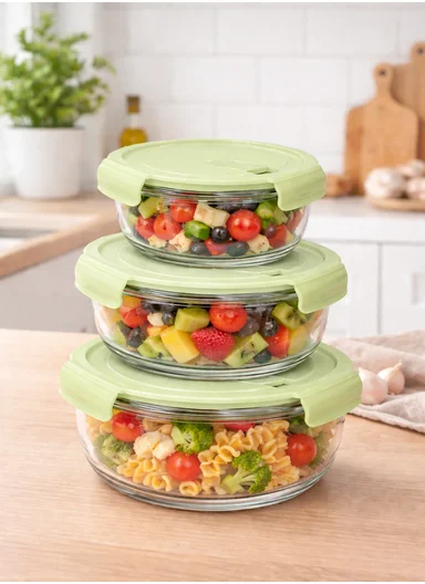 3-Pieces Heat-Resistant Round Borosilicate Glass Food Storage Containers Set - Green