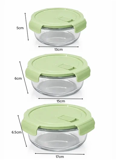 3-Pieces Heat-Resistant Round Borosilicate Glass Food Storage Containers Set - Green