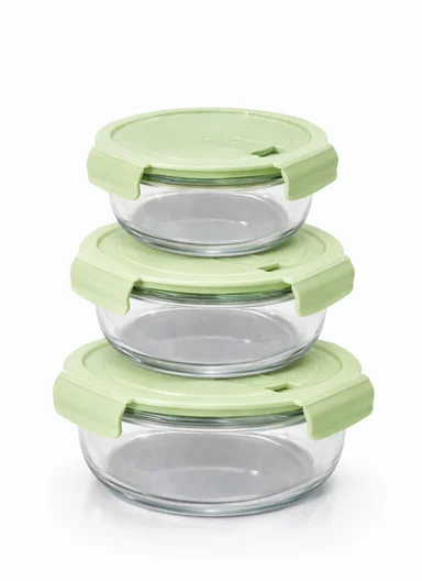3-Pieces Heat-Resistant Round Borosilicate Glass Food Storage Containers Set - Green