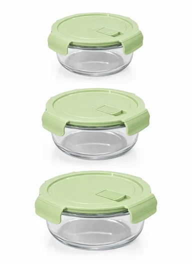 3-Pieces Heat-Resistant Round Borosilicate Glass Food Storage Containers Set - Green